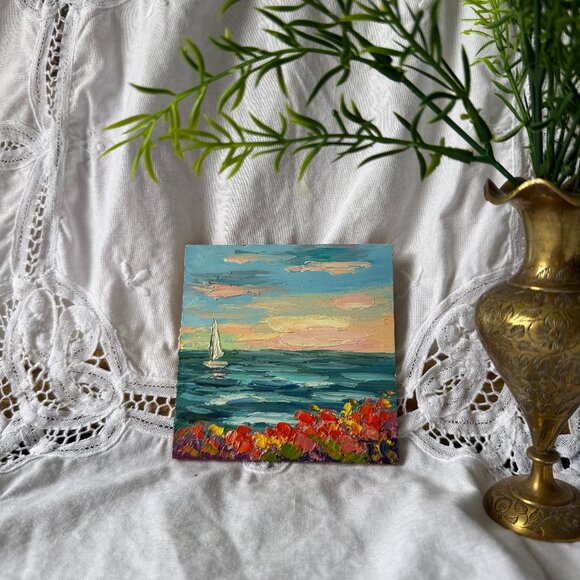 Seascape Sailboat and Beach Original Oil Painting on Board - Picture 1 of 3